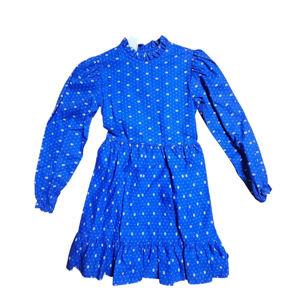Vintage 70s Disney Winnie the Pooh Floral Ruffle Dress Girls 6X Blue Made in USA